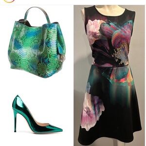 BLACK FLORAL PRINT SCUBA DRESS POCKET WOMENS SIZE LARGE